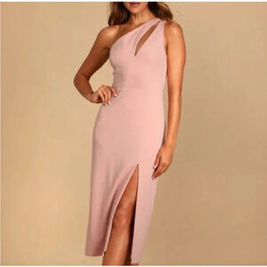 Lulus‎ Cocktail Club One Shoulder Dress XL Dusty Pink Blush Fitted Crepe NWT